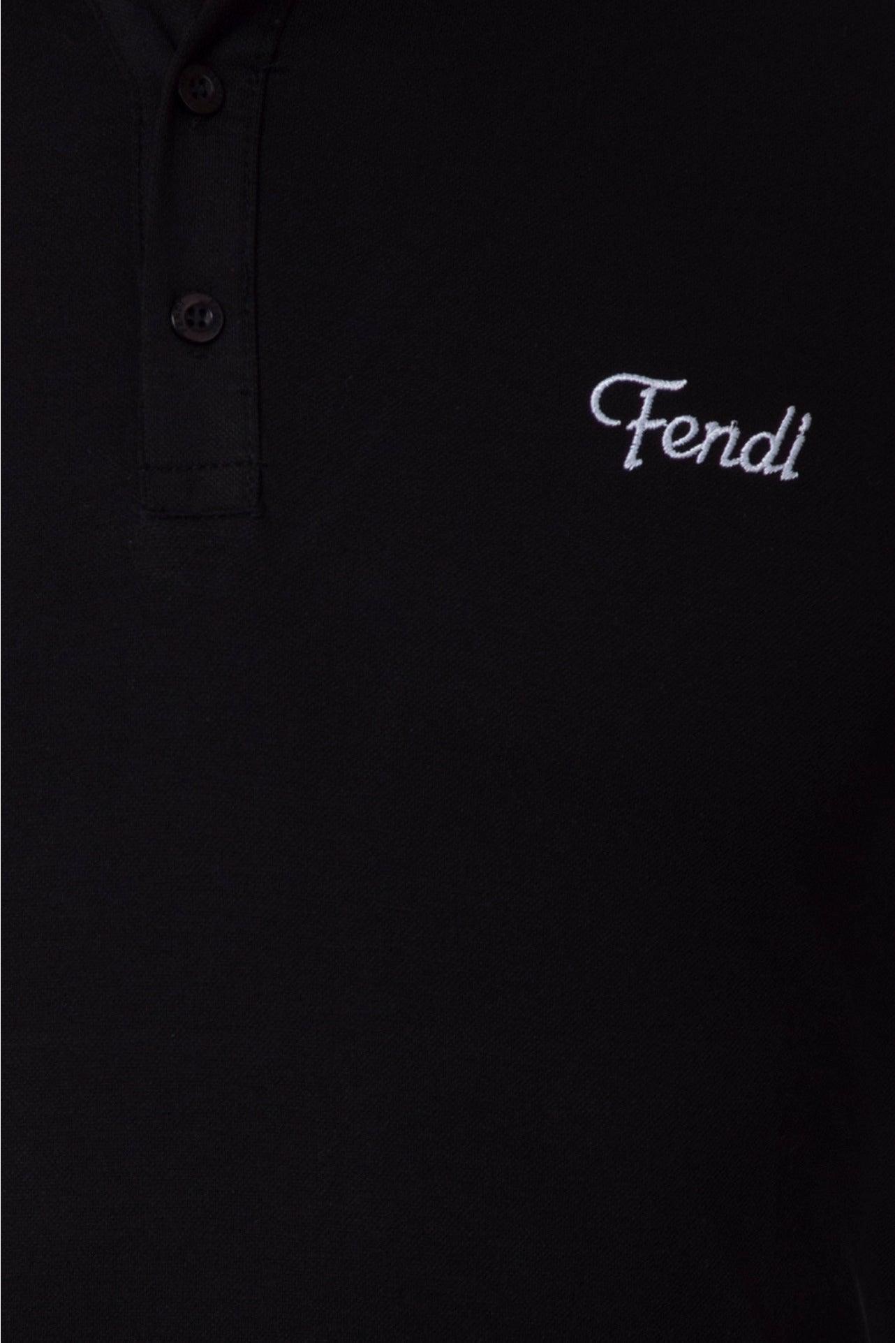 Black polo shirt with three buttons and white embroidered Fendi logo