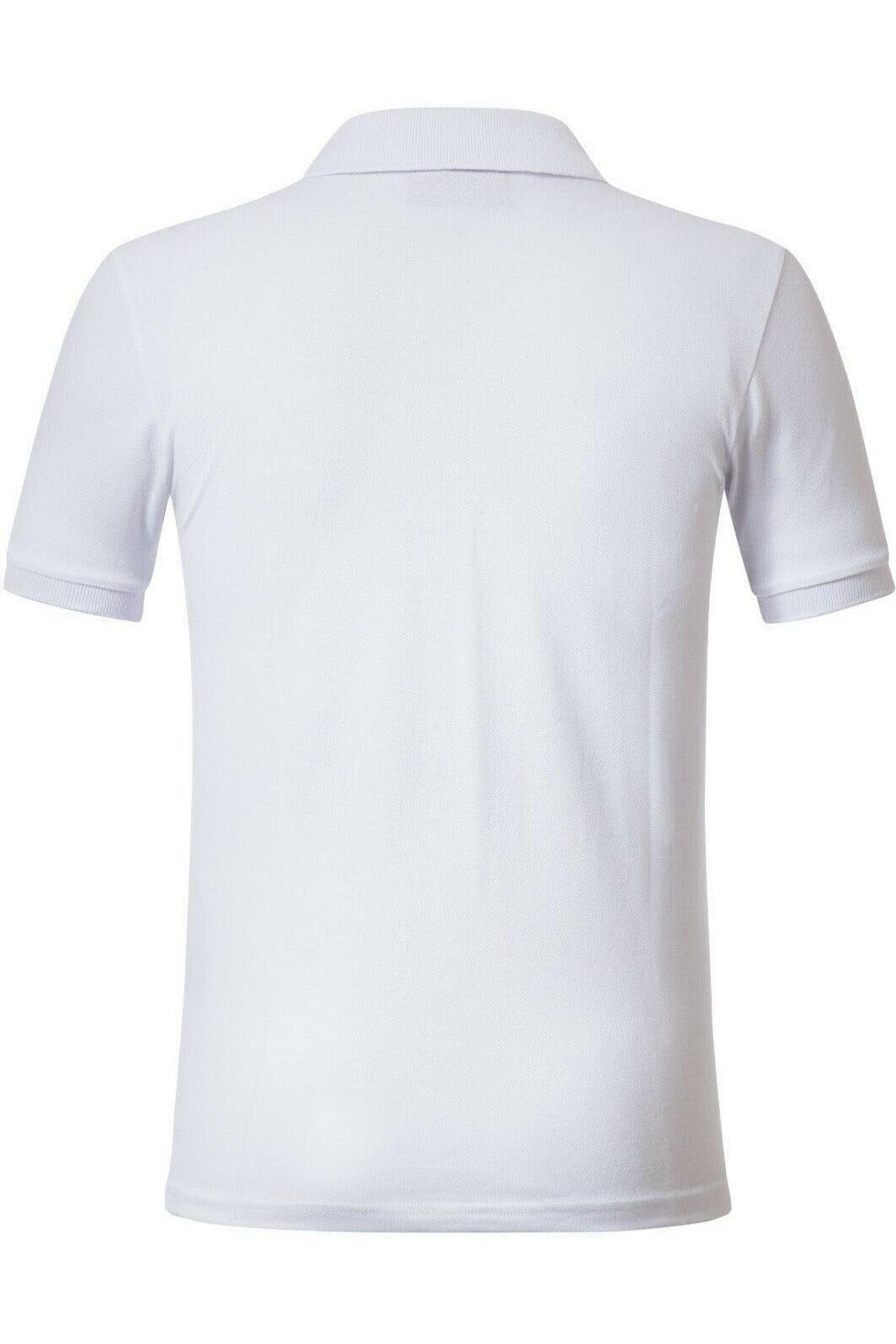 Back view of plain white short-sleeve polo shirt with collar on white background