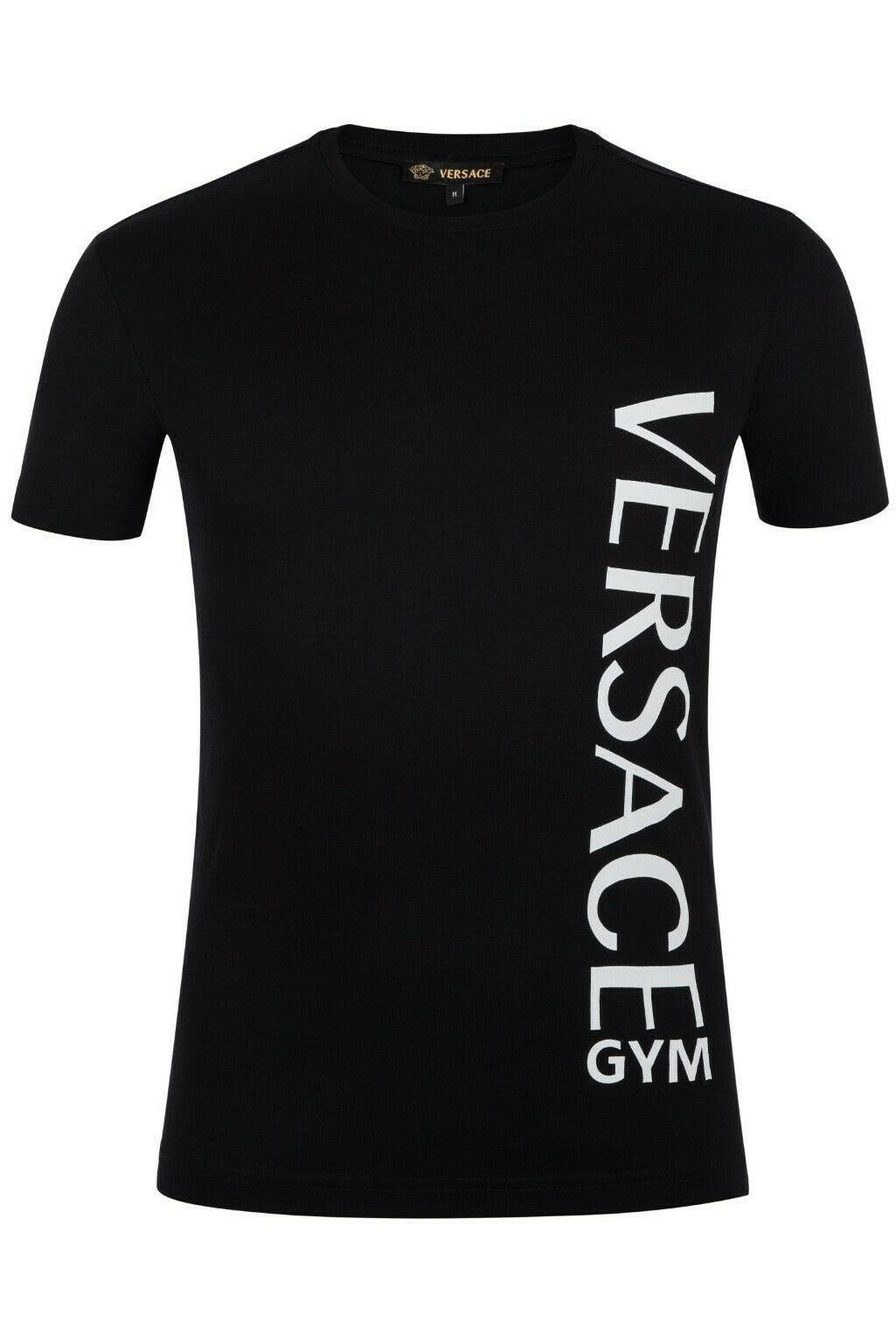 Black Versace gym t-shirt with vertical white logo text on right side
