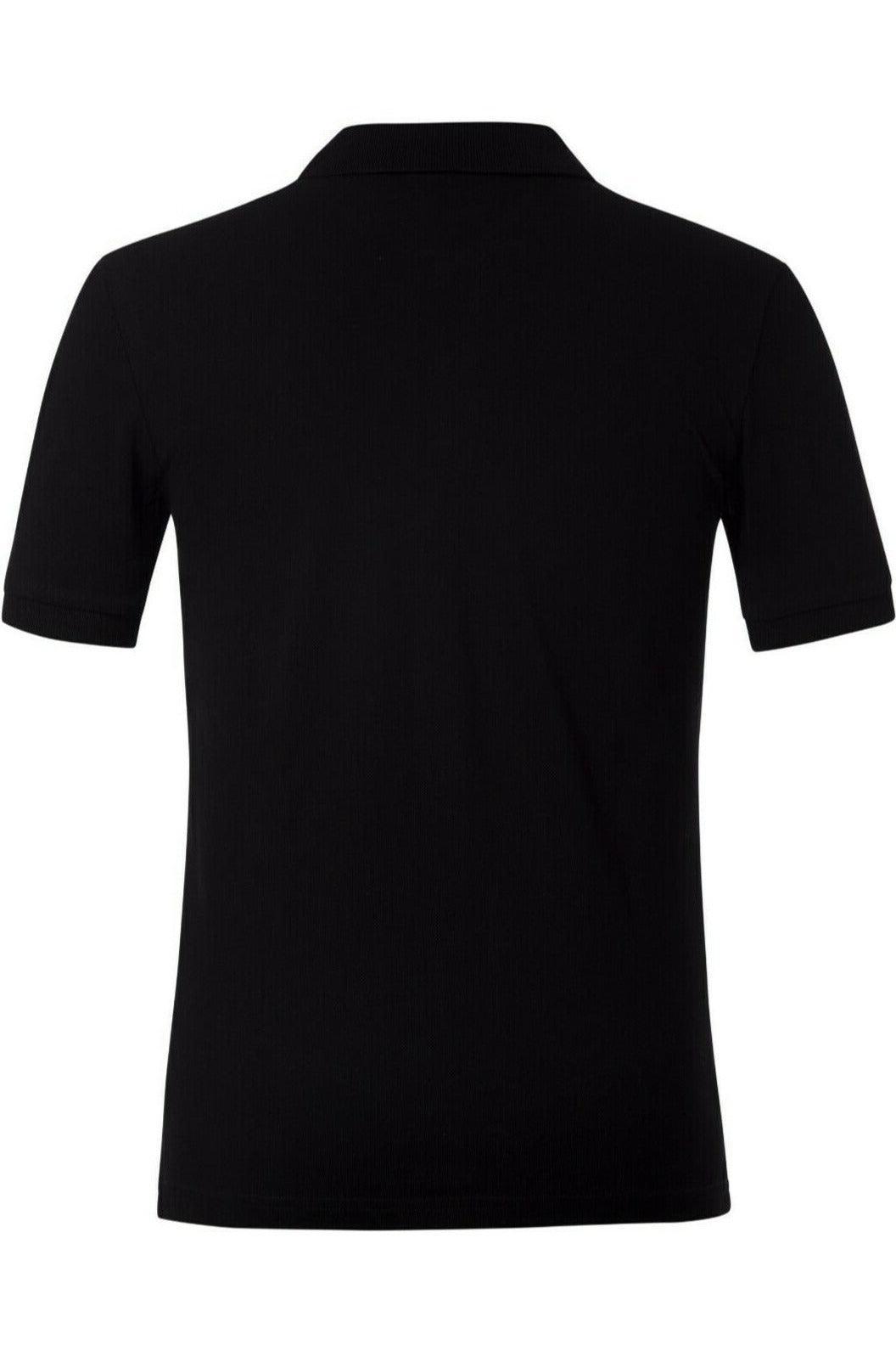 Back view of plain black short sleeve polo shirt with collar