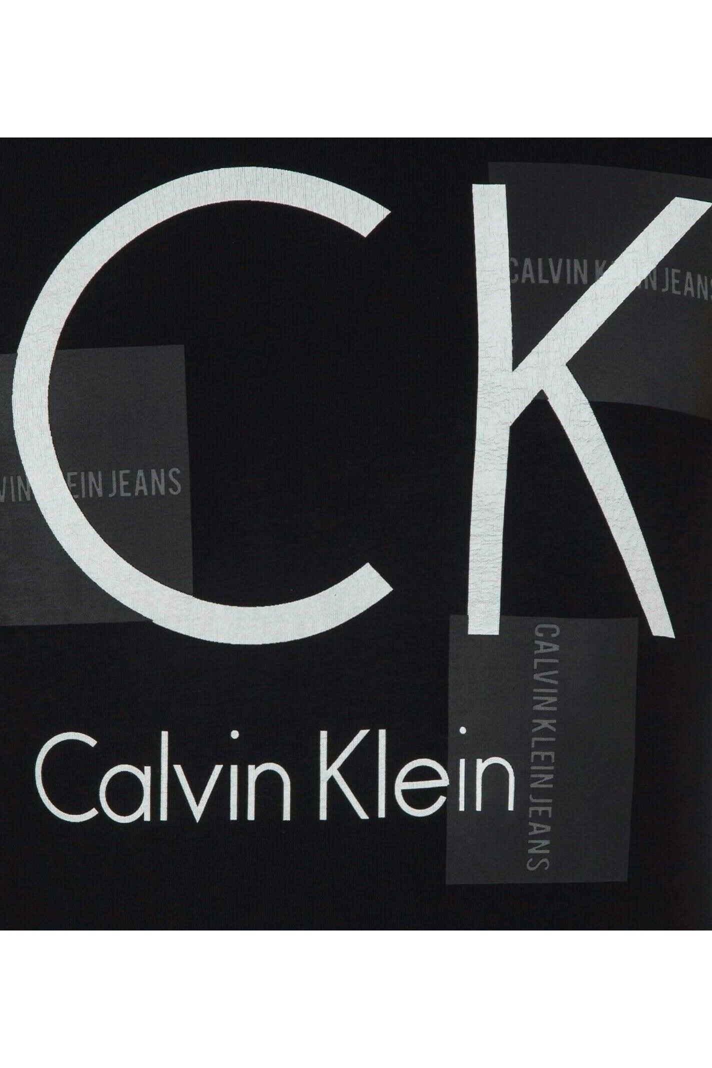 Black fabric with large white CK logo and Calvin Klein text graphic design