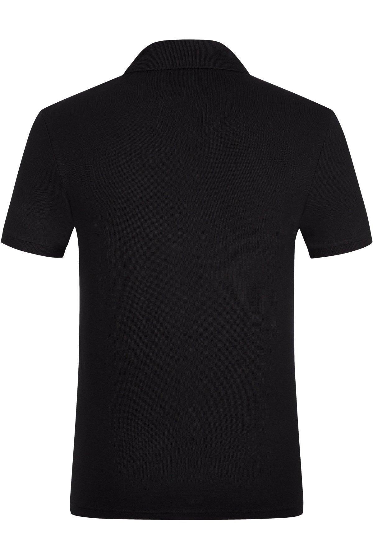 Back view of black short-sleeve polo shirt with textured collar and cuffs