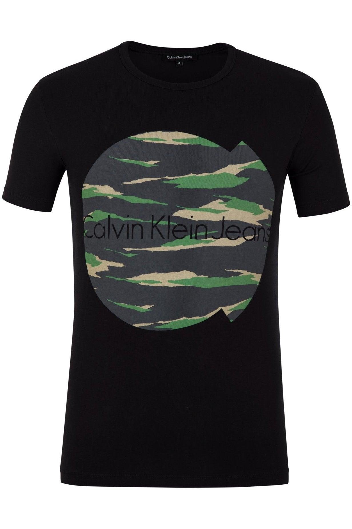 Black Calvin Klein Jeans t-shirt with green and beige camouflage circle logo on front