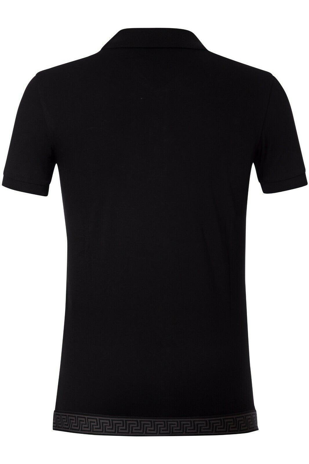 Black short sleeve polo shirt with Greek key pattern detail on hem, back view