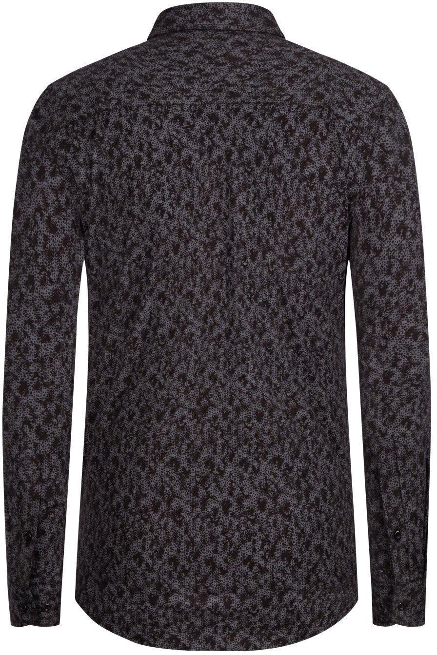 black long-sleeve casual shirt with gray abstract floral pattern, back view